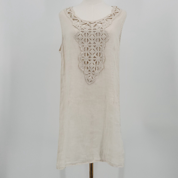 Alessia Pacini Italian Linen Sleeveless Dress Beige Size S Crochet Boho Cowgirl - Picture 1 of 13